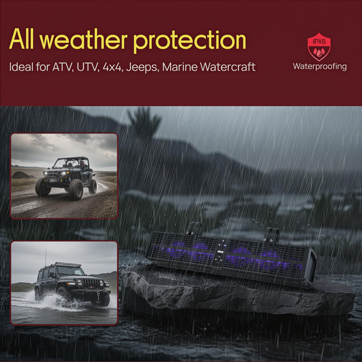 Pyle 24" Powered ATV/UTV Soundbar System - 40 Bluetooth Speakers with Built-in Amplifier, Waterproof and Weatherproof, Wireless BT Streaming and Auxiliary Input, LED Lights