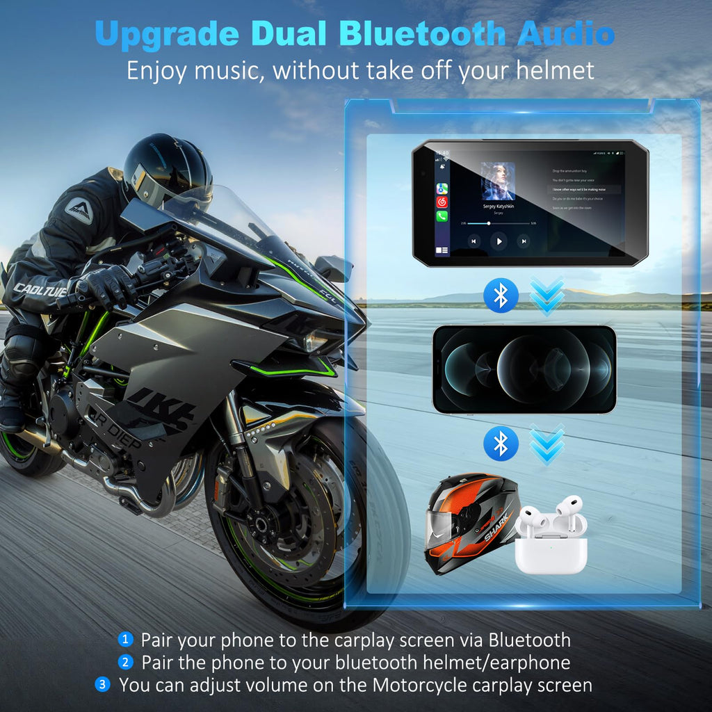 52HZ Motorcycle Carplay Android Auto with 5.5" Waterproof Touchscreen, TPMS, Millimeter Wave Radar, GPS Navigation,Dual 2K Dash Cam,BT,Real-time Alerts,OTA Updates,Quick Release Anti-Theft Mount
