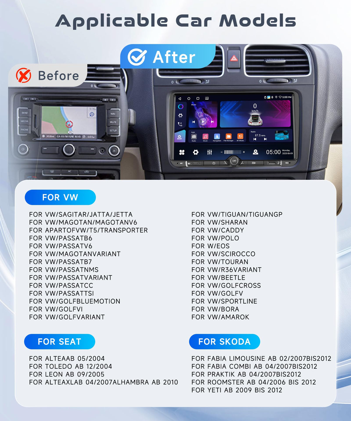 4G+64G Car Radio Stereo for VW Passat Jetta Tiguan Golf MK5 MK6 T5 Polo with Wireless Carplay/Android Auto,9 Inch IPS Touch Screen Android 15 GPS Head Unit 5Ghz-WiFi Bluetooth DSP Mic HD Rear Camera