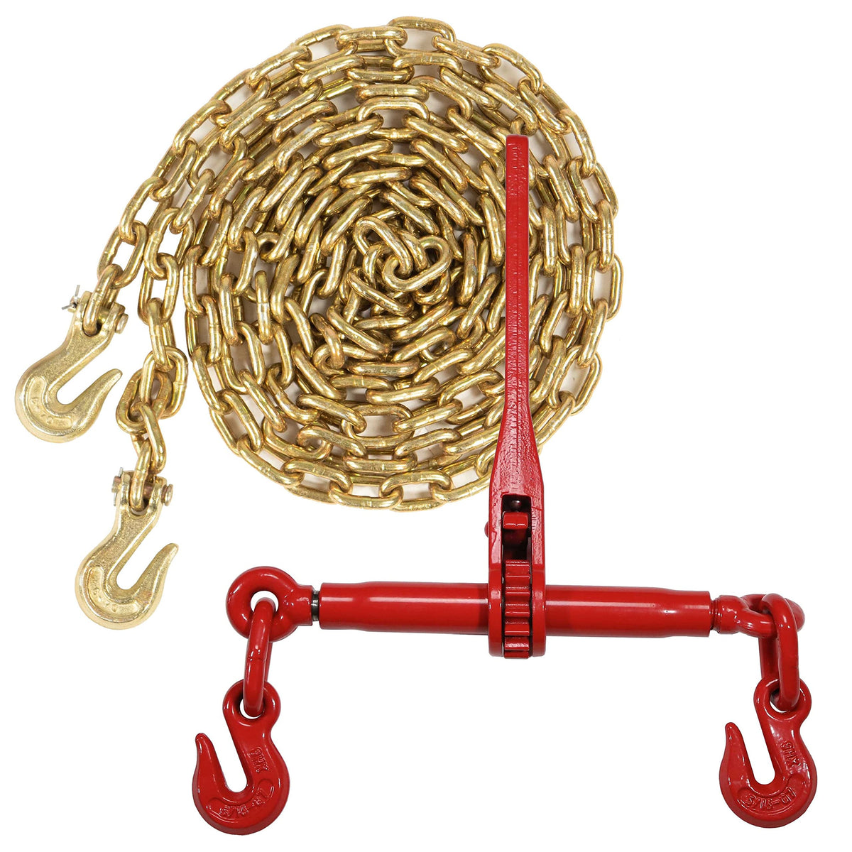 US Cargo Control Chain and Binder Set 5/16 to 3/8 Inch - (1) Ratchet Binder and (1) 16' Grade 70 Transport Chain with Grab Hooks - 5,400 LBS Working Load Limit, Secure Heavy Cargo to Trailers