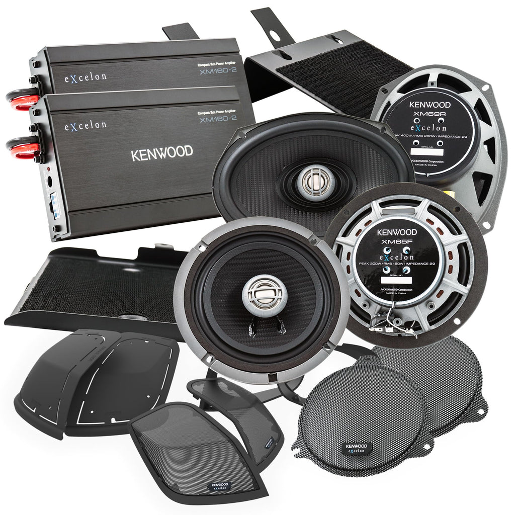Kenwood Excelon P-HD3FR Audio Package for Select 2014-Up Harley-Davidson Models - (2) XM160-2 Audio Amplifier, (2) 6.5" Excelon XM65F & (2) 6"x9" XM69R Motorcycle Speakers, CA-CUT14 Saddlebag Kit