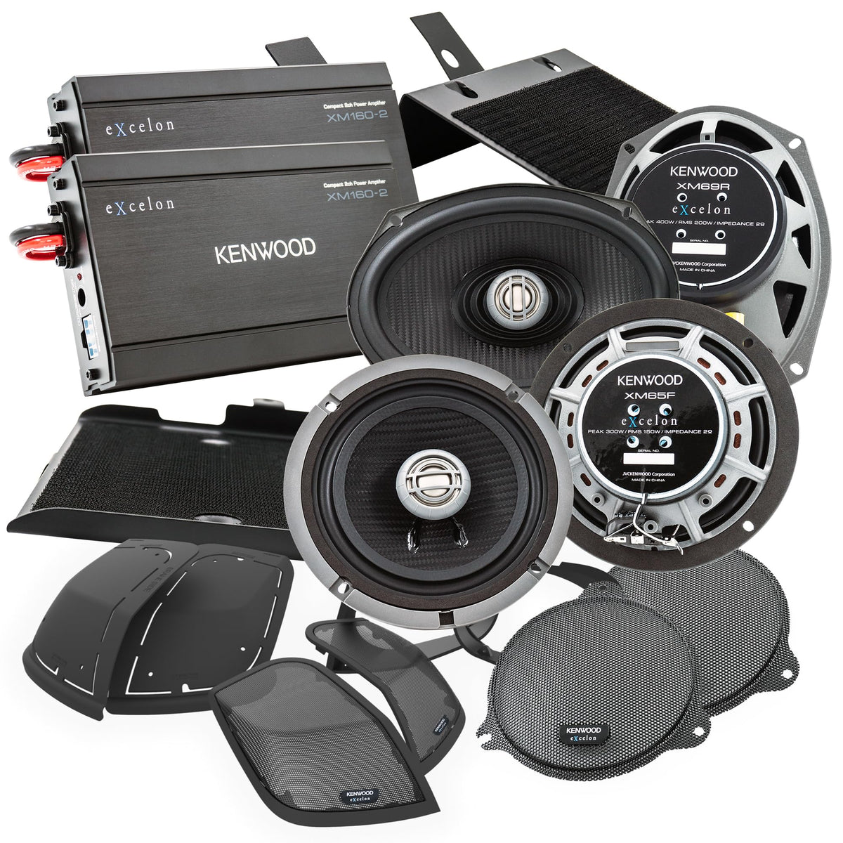 Kenwood Excelon P-HD3FR Audio Package for Select 2014-Up Harley-Davidson Models - (2) XM160-2 Audio Amplifier, (2) 6.5" Excelon XM65F & (2) 6"x9" XM69R Motorcycle Speakers, CA-CUT14 Saddlebag Kit
