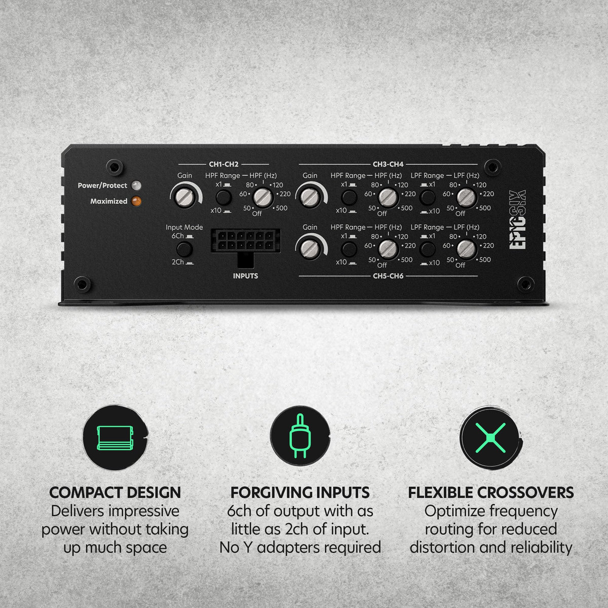 AudioControl EPICSIX 6-Channel 1200W RMS Digital Class D Full-Range Car Audio Amplifier, Compact High-Power, High/Low Pass Crossover, RCA Line Level Inputs for Aftermarket Radios, Smart Protection