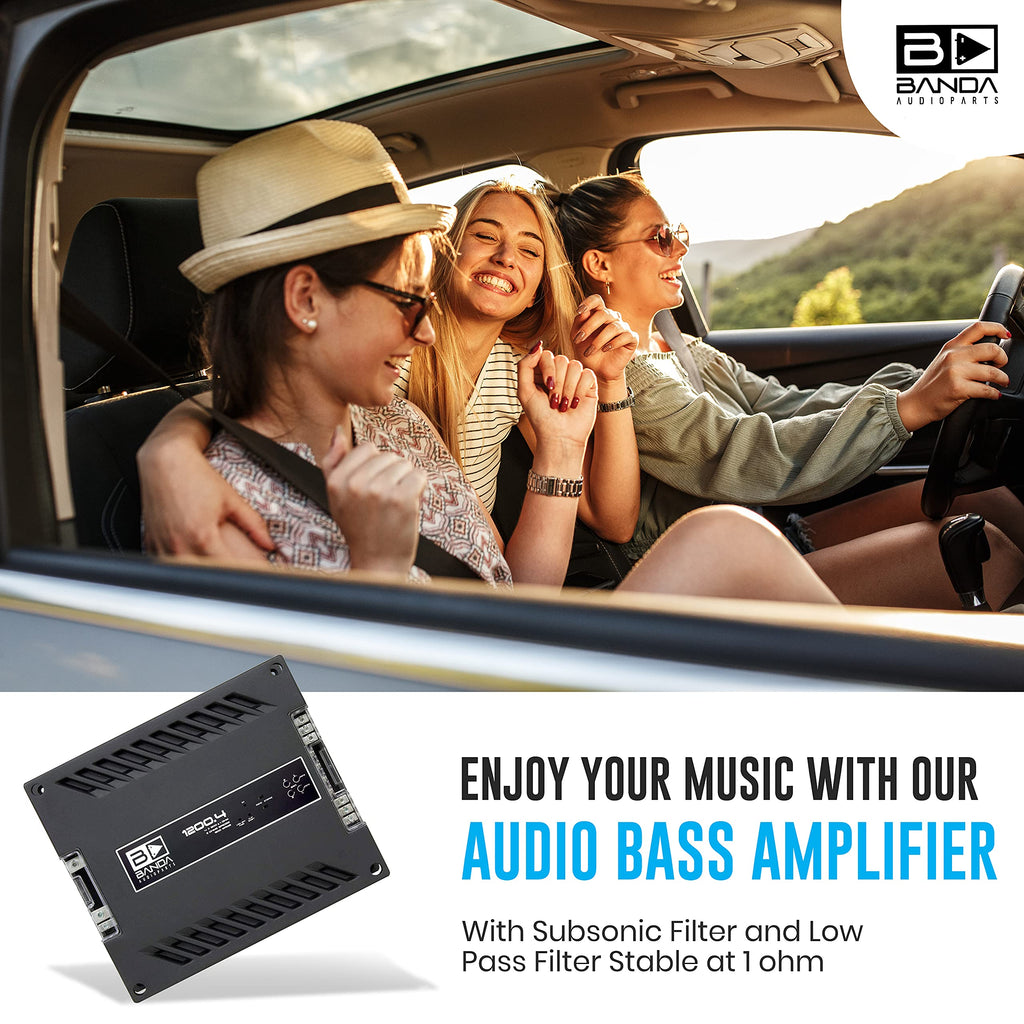 4-Channel Vehicle Audio Amplifier - 300 Watts D Class High-Powered Mono Amplifier w/Subsonic Filter & Low Pass Filter Stable @ 1 Ohm, LED Indicators, Sound Specialization - Banda 1200.41OHM