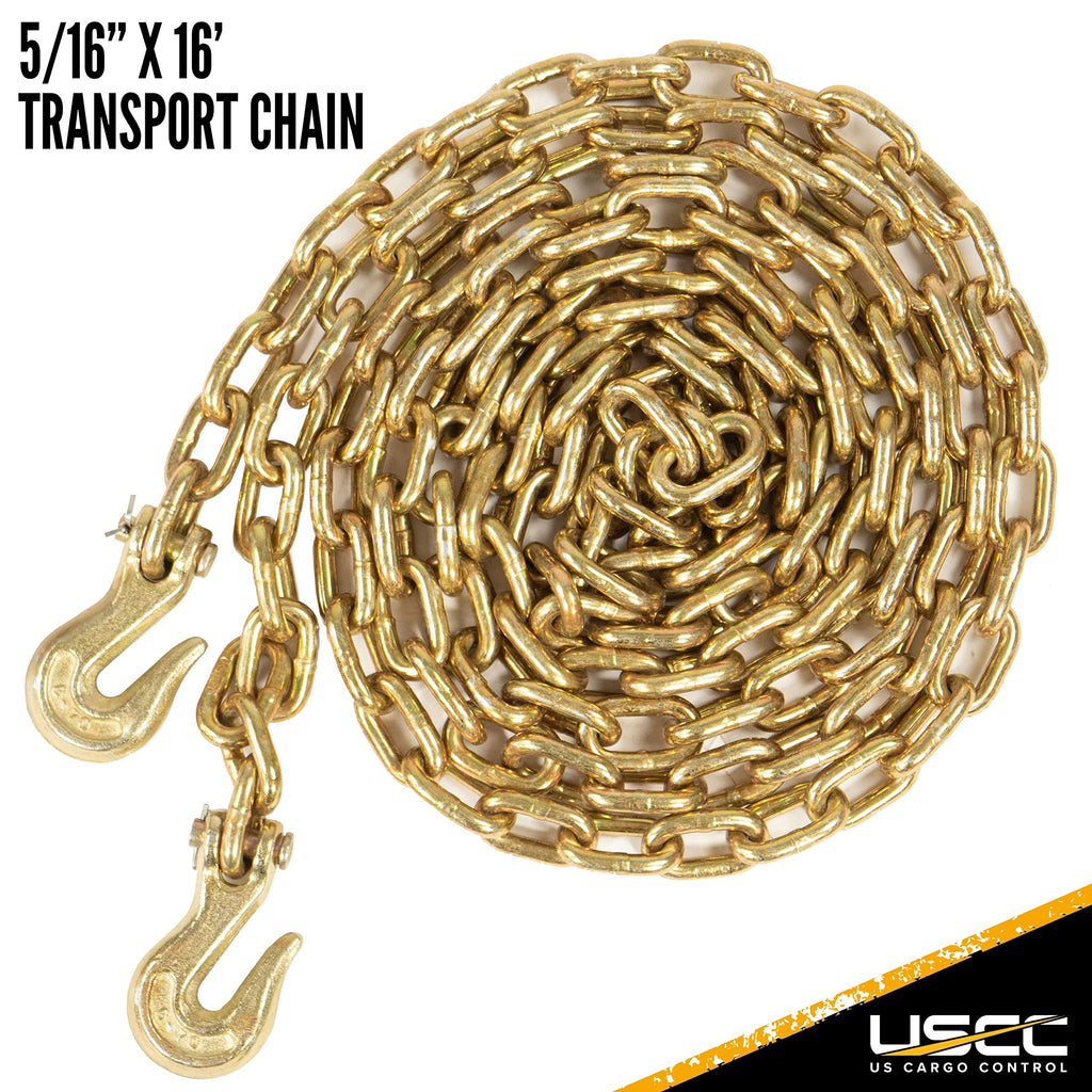 US Cargo Control Chain and Binder Set 5/16 to 3/8 Inch - (1) Ratchet Binder and (1) 16' Grade 70 Transport Chain with Grab Hooks - 5,400 LBS Working Load Limit, Secure Heavy Cargo to Trailers