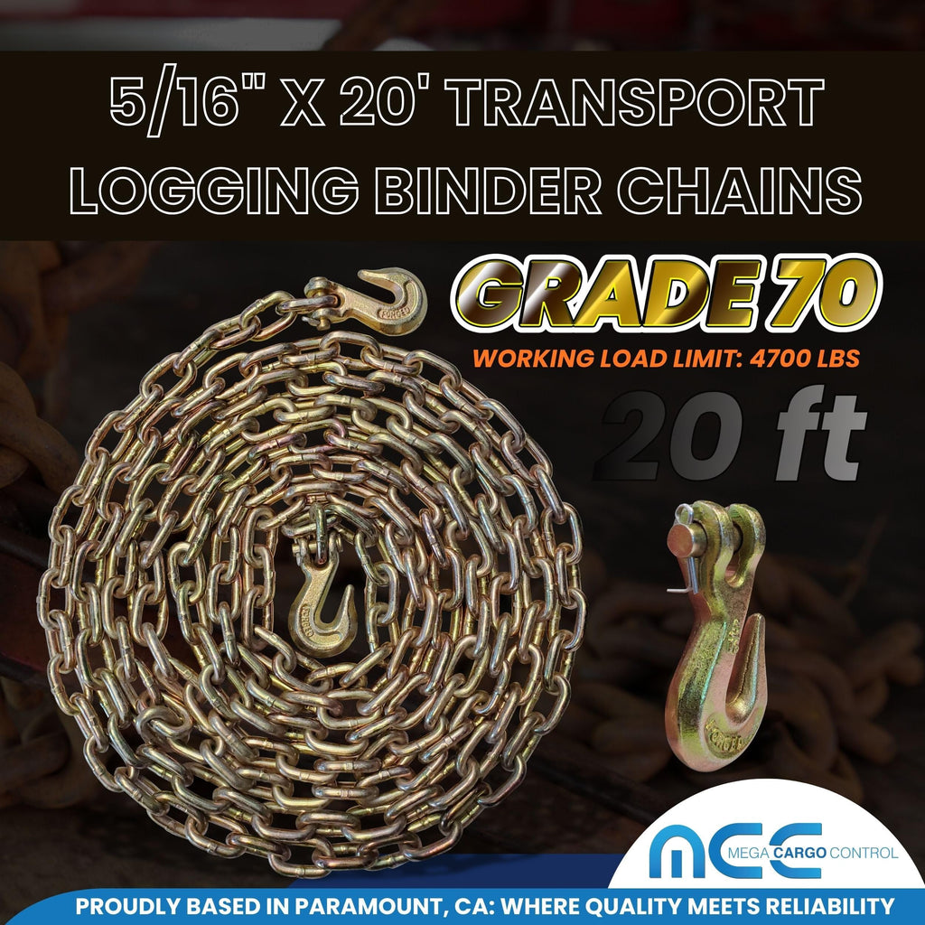 Transport Binder Chains 6 Pack, 5/16" x 20 Ft Heavy Duty Logging Tie Downs with G70 Clevis Grab Hooks
