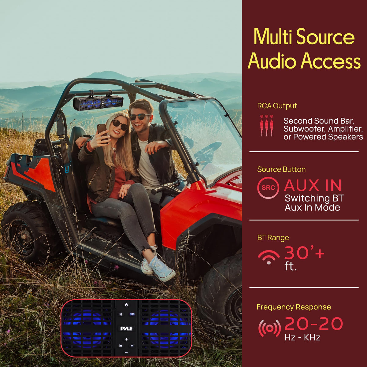 Pyle 24" Powered ATV/UTV Soundbar System - 40 Bluetooth Speakers with Built-in Amplifier, Waterproof and Weatherproof, Wireless BT Streaming and Auxiliary Input, LED Lights