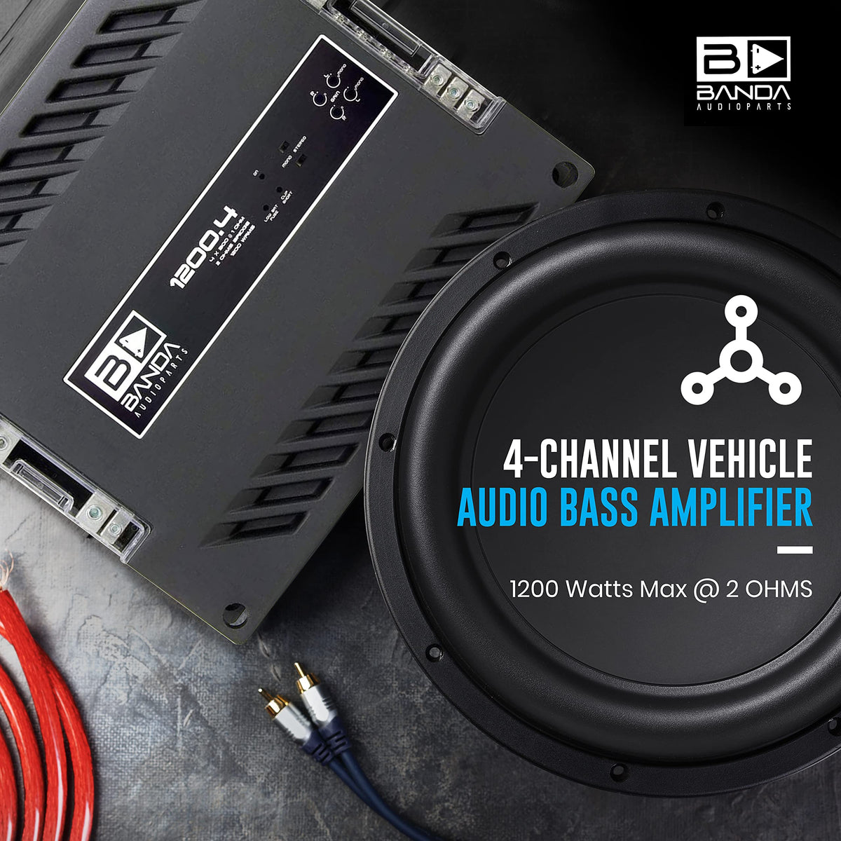 4-Channel Vehicle Audio Amplifier - 300 Watts D Class High-Powered Mono Amplifier w/Subsonic Filter & Low Pass Filter Stable @ 1 Ohm, LED Indicators, Sound Specialization - Banda 1200.41OHM