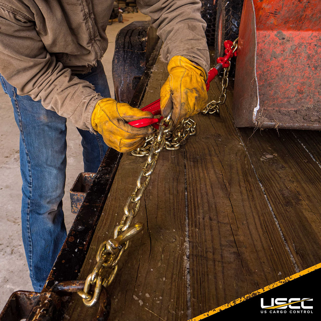 US Cargo Control Chain and Binder Set 5/16 to 3/8 Inch - (1) Ratchet Binder and (1) 16' Grade 70 Transport Chain with Grab Hooks - 5,400 LBS Working Load Limit, Secure Heavy Cargo to Trailers
